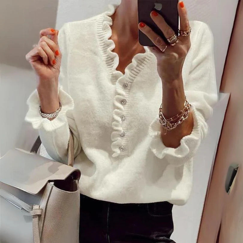 Long Sleeves Ruffled V-neck Sweater