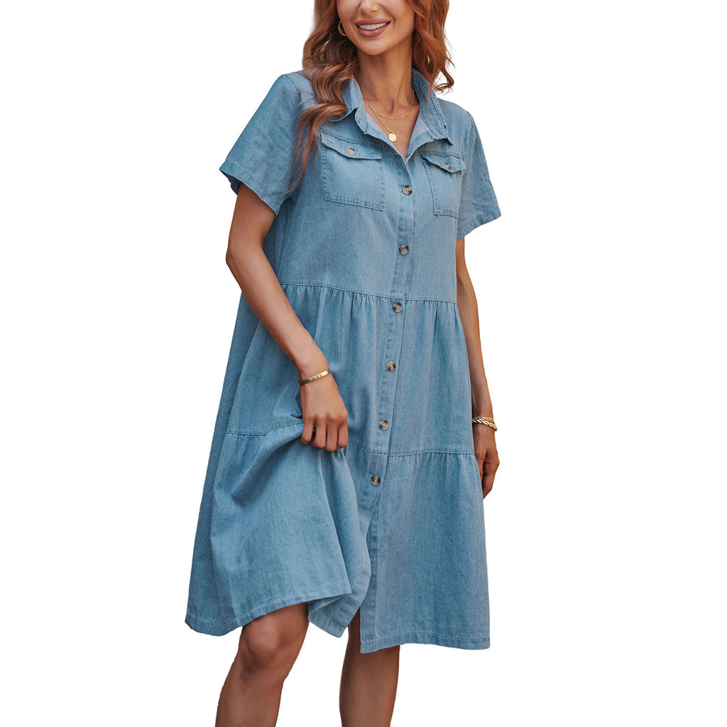 Collar Buttons Down Tiered Midi Denim Dress
