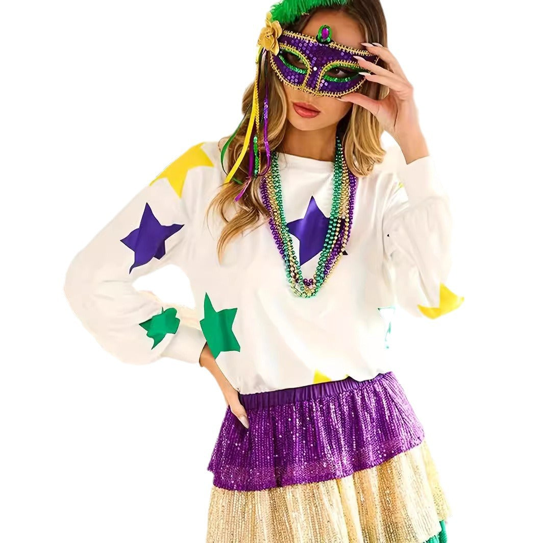 White Mardi Gras Star Printed Long Sleeve Top