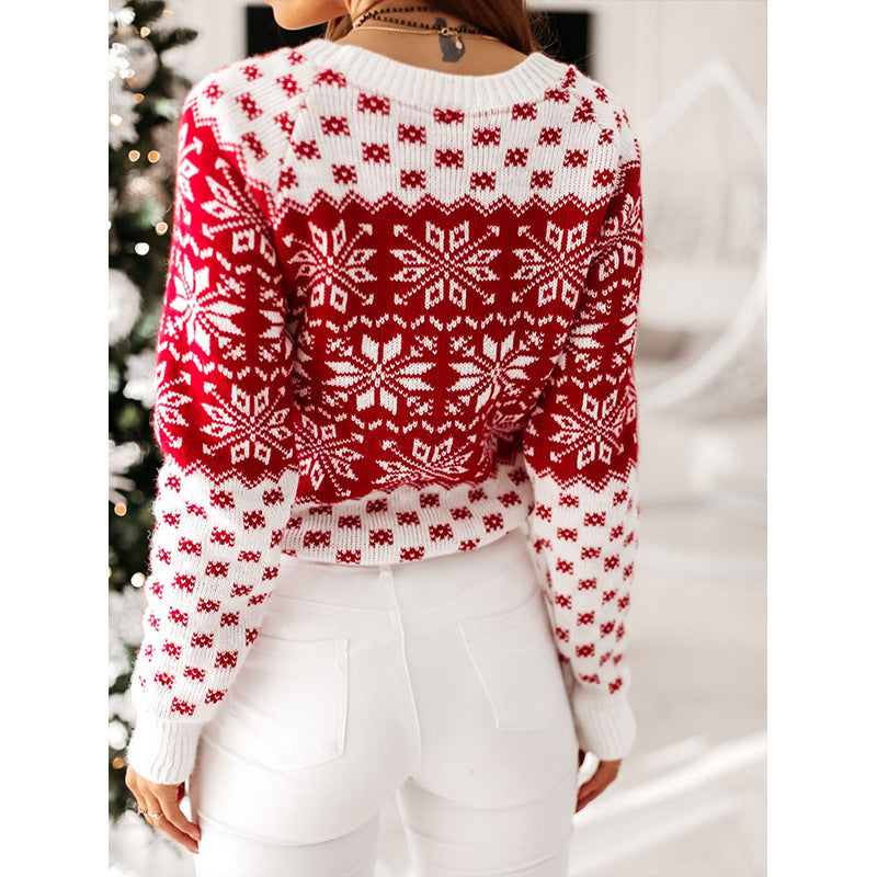 Christmas Snowflake Long Sleeve Crew Neck Pullover Sweater