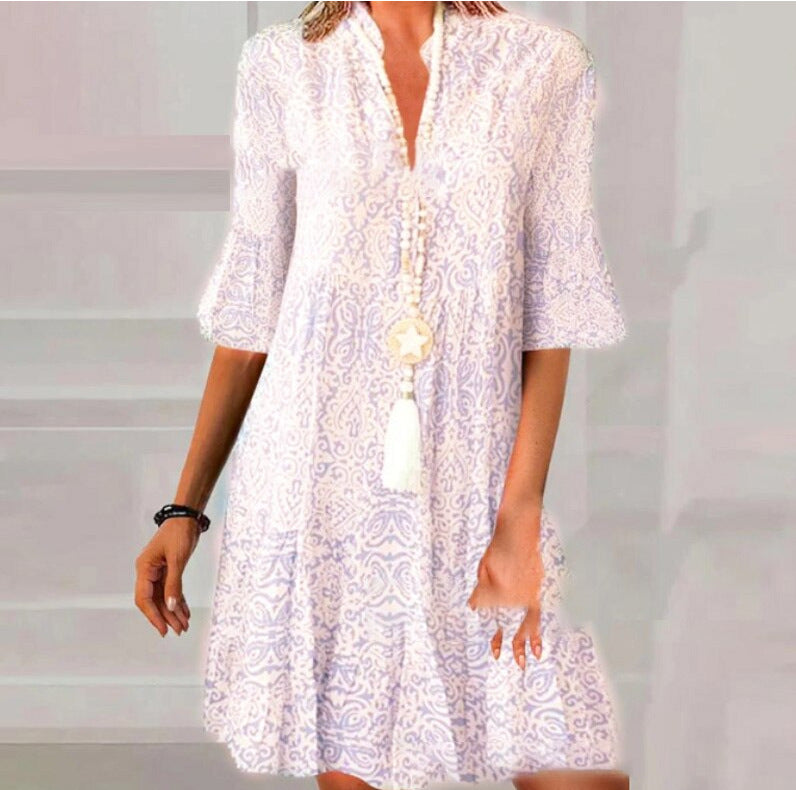 Blue Printed Buttons Front Bell Sleeve Mini Dress