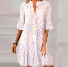 Load image into Gallery viewer, Blue Printed Buttons Front Bell Sleeve Mini Dress
