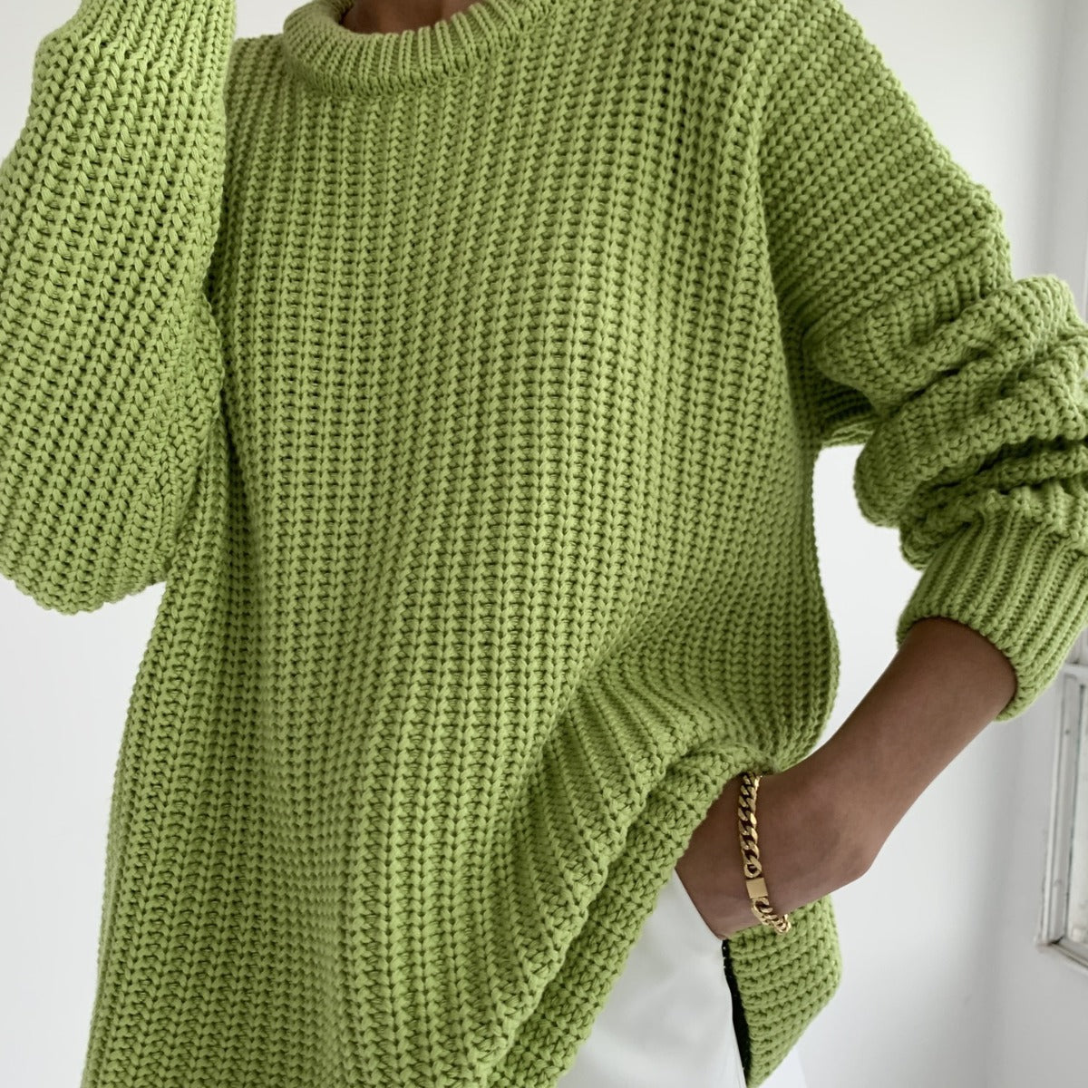 Chunky Round Neck Long Sleeve Loose Knit Sweater