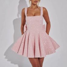 Load image into Gallery viewer, Sophisticated Square Neck Straps Bow Sequins Mini Dress
