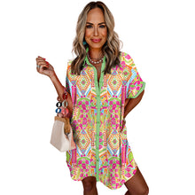 Load image into Gallery viewer, Geometric Print Contrast Short Sleeve Buttons Down Mini Shirt Dress
