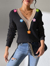 Load image into Gallery viewer, Black Crochet Flower V Neck Pullover Sweater
