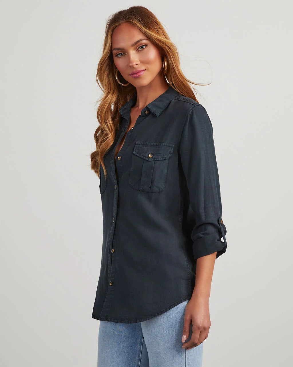 Simple Lapel Single-Breasted Long Sleeve Denim Shirt