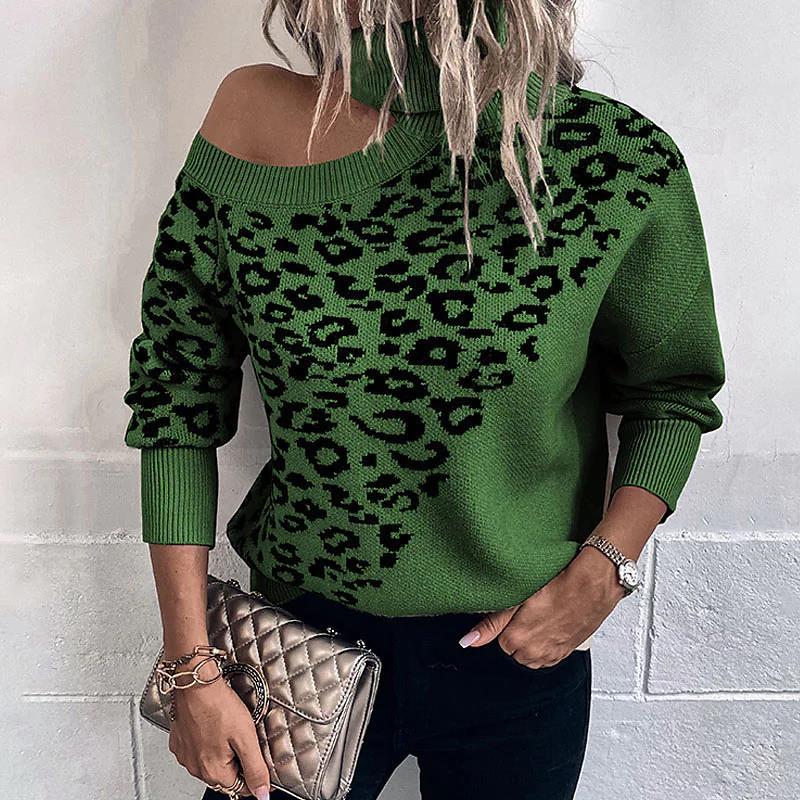 Leopard Turtleneck Cold Shoulder Long Sleeve Sweater