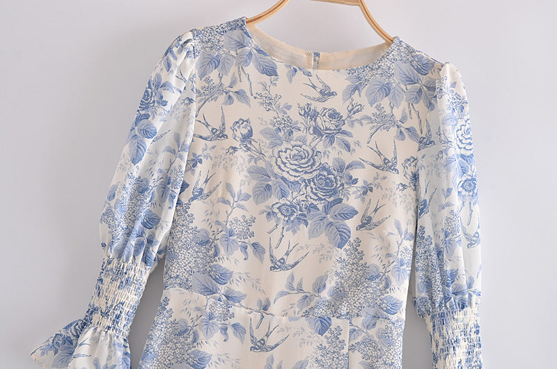 Blue Floral Print Ruffled Sleeves Slit Side Midi Dress