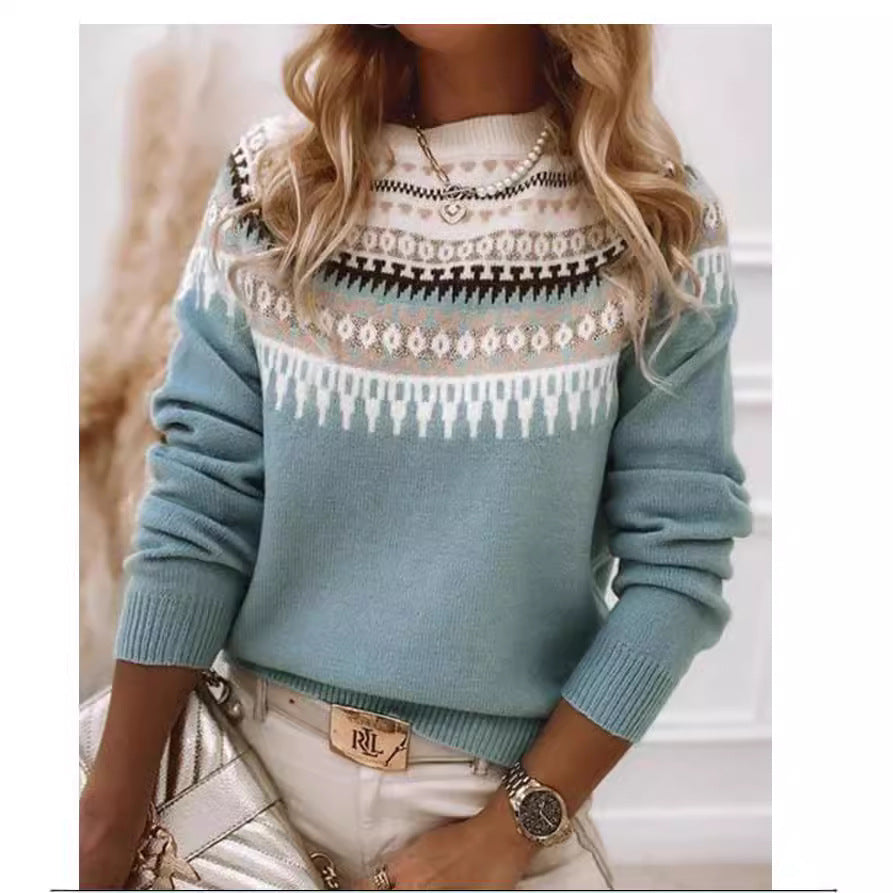 Geometric Long Sleeve Round Neck Sweater