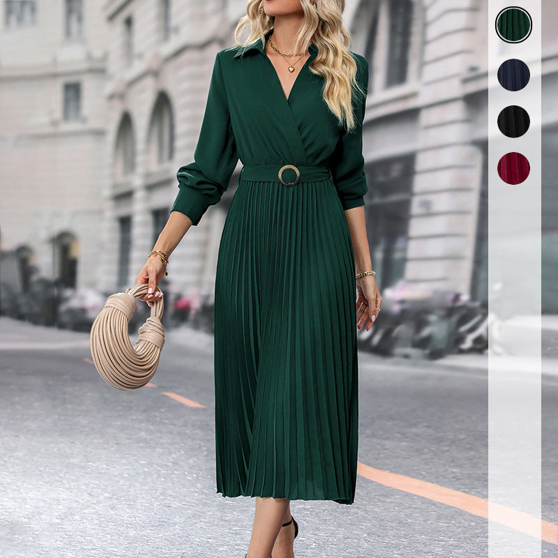 V-neck Long Sleeves Pleated Midi Dress