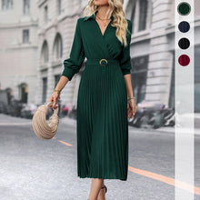 Load image into Gallery viewer, V-neck Long Sleeves Pleated Midi Dress
