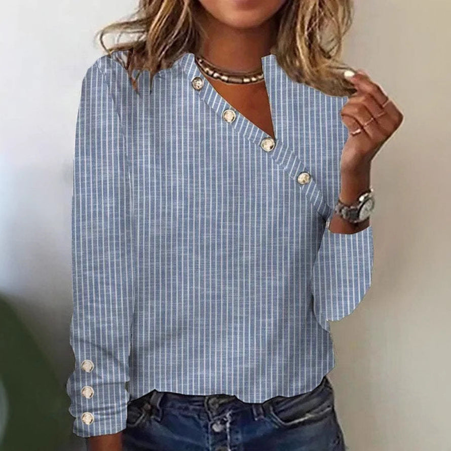 Blue Stripped Buttons Long Sleeves Blouse