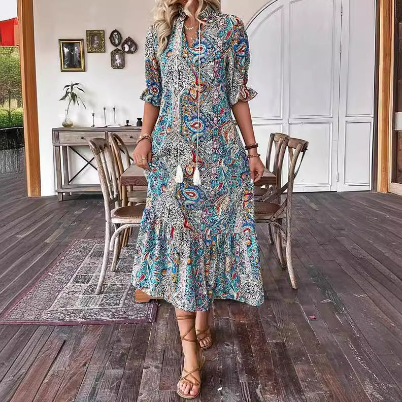 Boho Print Half Sleeves Loose Midi Dress