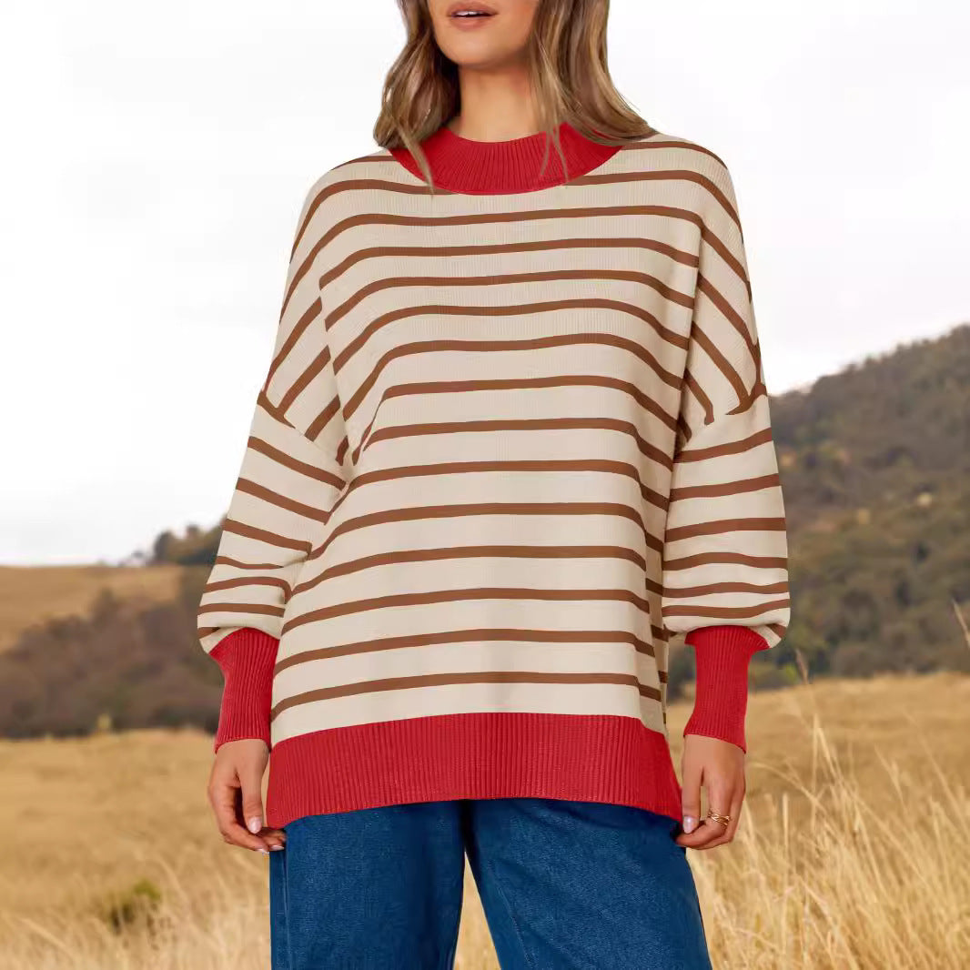 Oversized Crewneck Casual Long Sleeve Contrast Loose Knit Pullover Sweaters Top