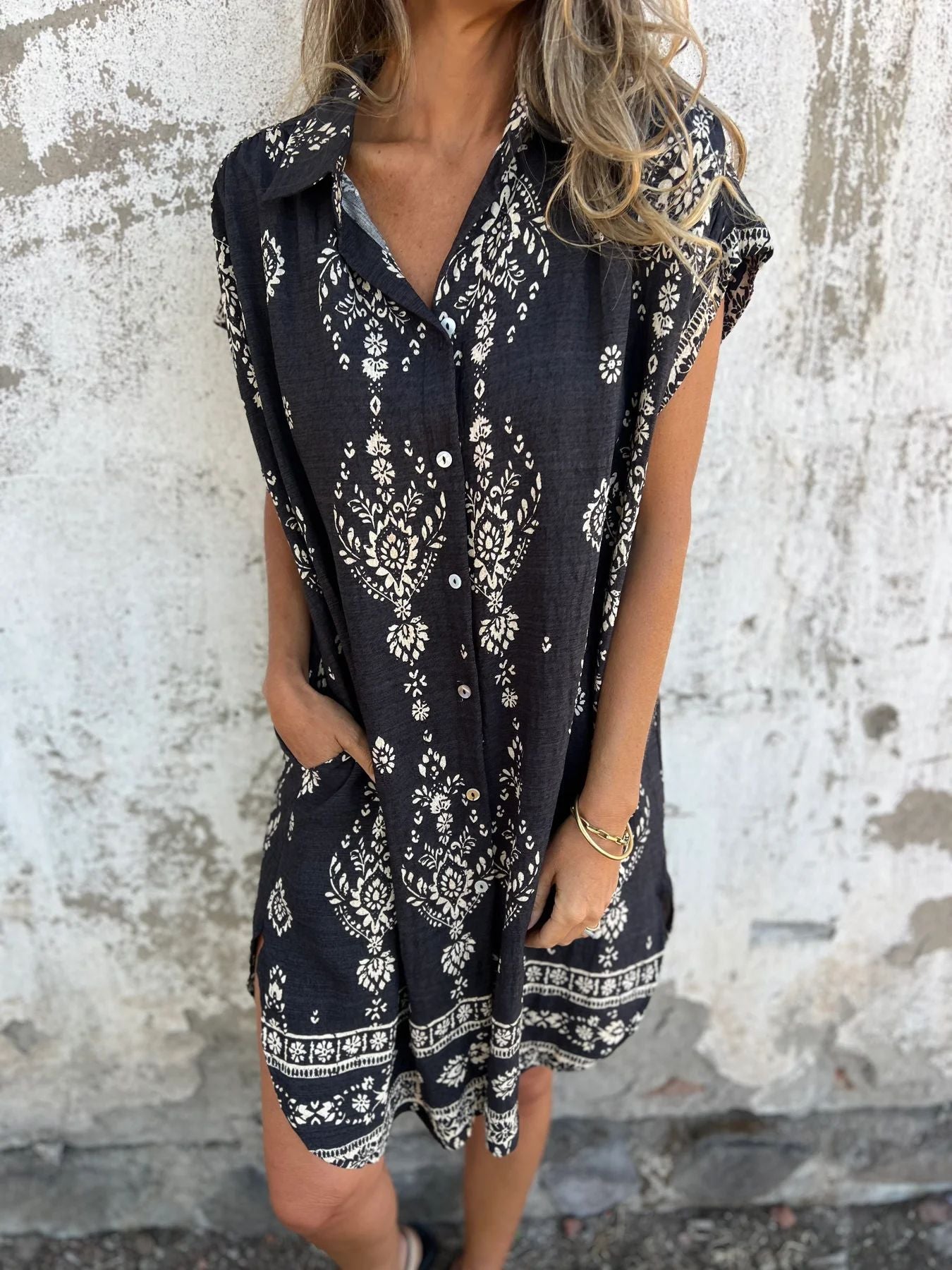 Casual Printed Short Sleeve Buttons Down Mini Dress with Pockets