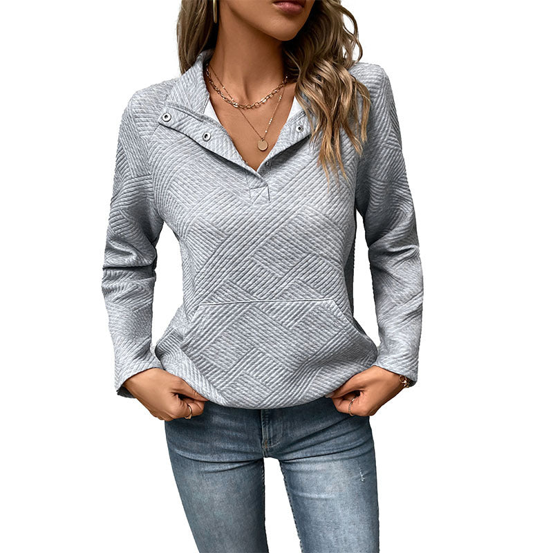 Long Sleeve Collared Neck Textured Cross Knit Sweatshirt with Pockets