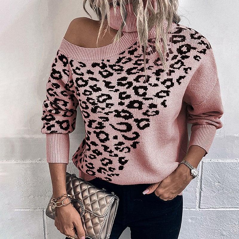 Leopard Turtleneck Cold Shoulder Long Sleeve Sweater