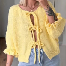 Load image into Gallery viewer, Yellow Flared Sleeve  Lace Up Cardigan

