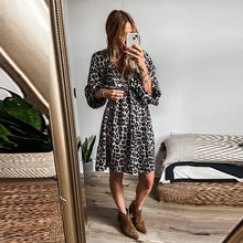 Load image into Gallery viewer, Leopard Print Elasticated V Neck 3/4 Puff Sleeve Mini Dress

