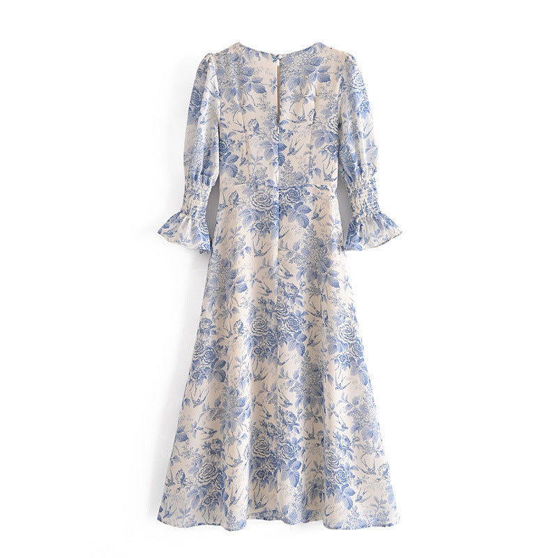 Blue Floral Print Ruffled Sleeves Slit Side Midi Dress