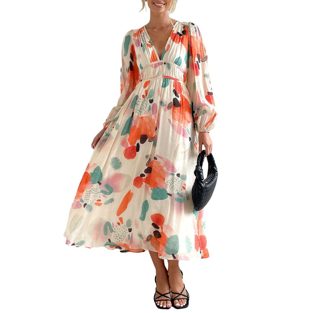 Casual Floral V Neck Long Sleeve Dress