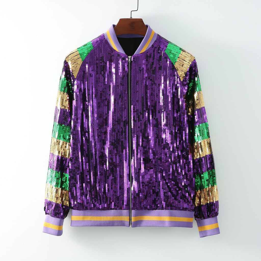 Sparkly Long Sleeve Trendy Party Club Mardi Gras Zipper Jacket