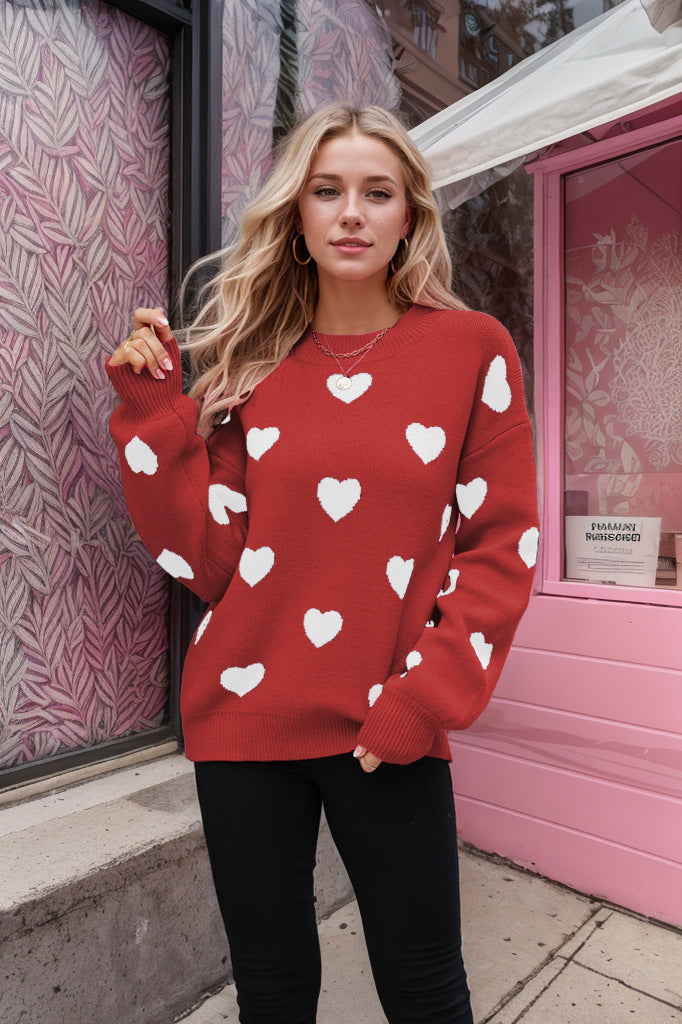 Heart Pattern Lantern Sleeve Round Neck Sweater