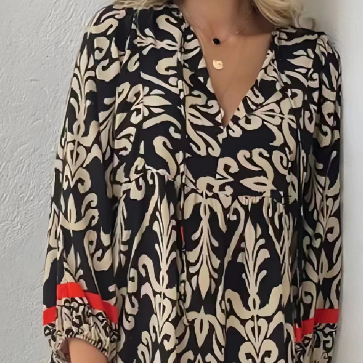 Black Loose Print Long Sleeves Maxi Dress