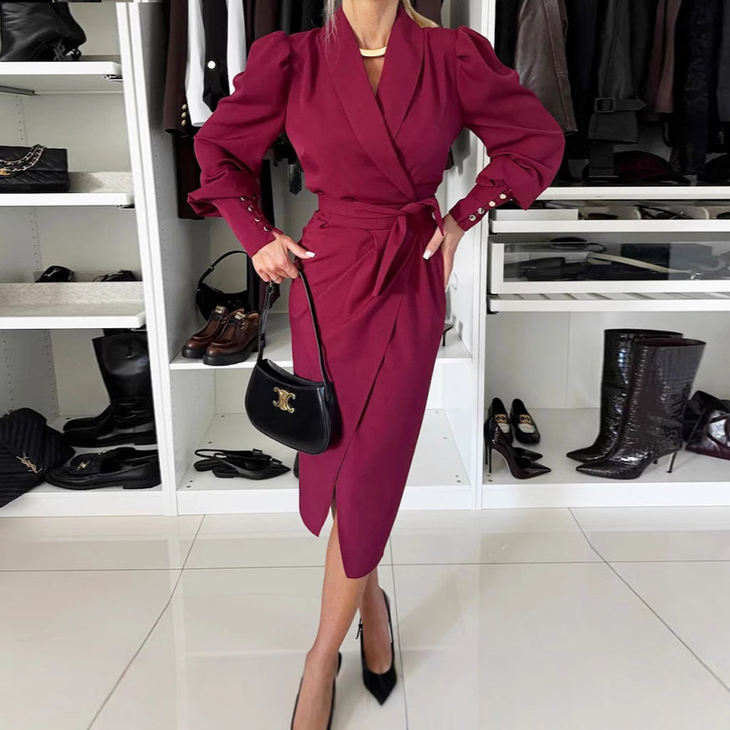 Elegant Long Buttons Sleeves V Neck Wrap Midi Dress