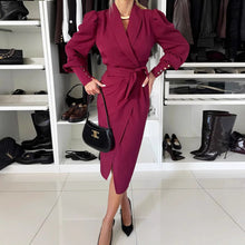 Load image into Gallery viewer, Elegant Long Buttons Sleeves V Neck Wrap Midi Dress
