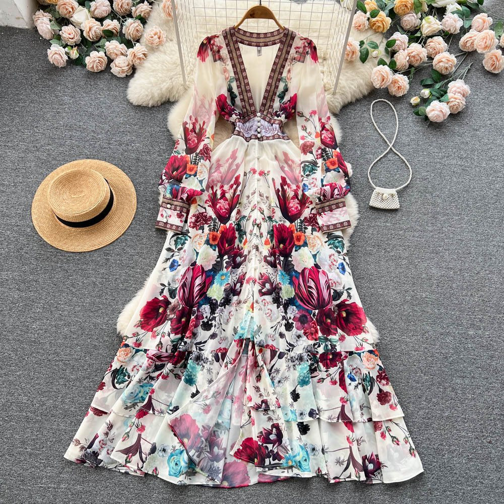 Elegant Chiffon Mesh Long Sleeve Floral Maxi Dress