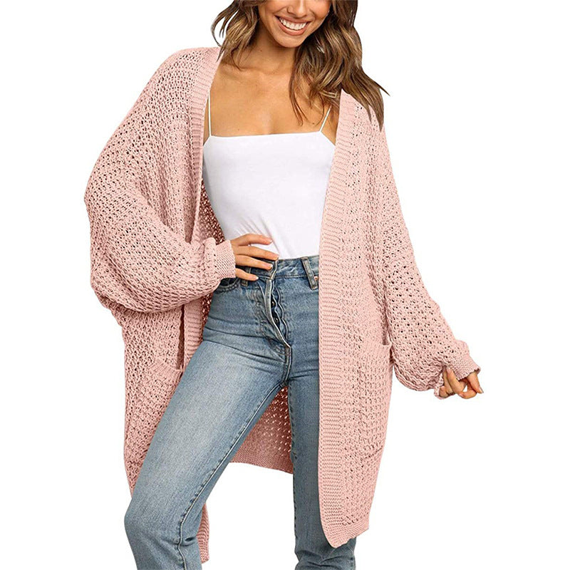 Casual Solid Pocket V Neck Top Sweater Cardigan
