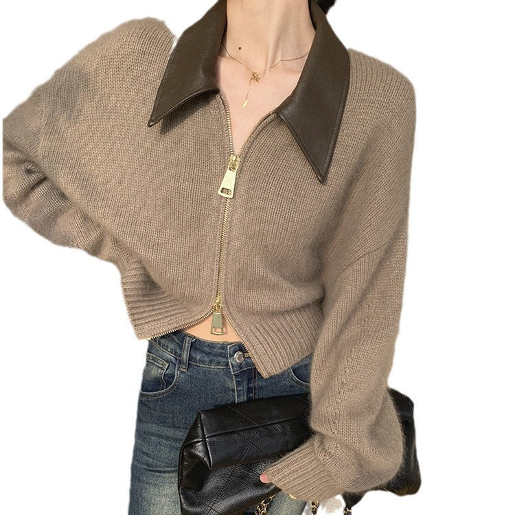 Collar Zipper Long Sleeve Knit Cardigan