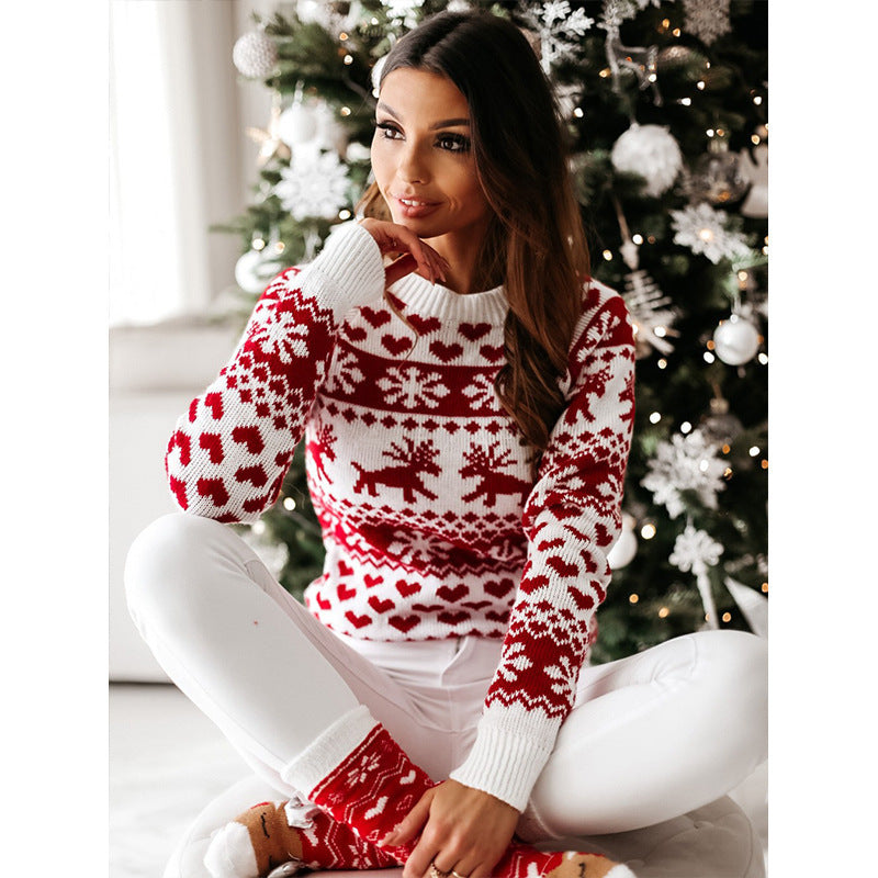 Christmas Elk Snowflake Heart Long Sleeves Knitted Sweater