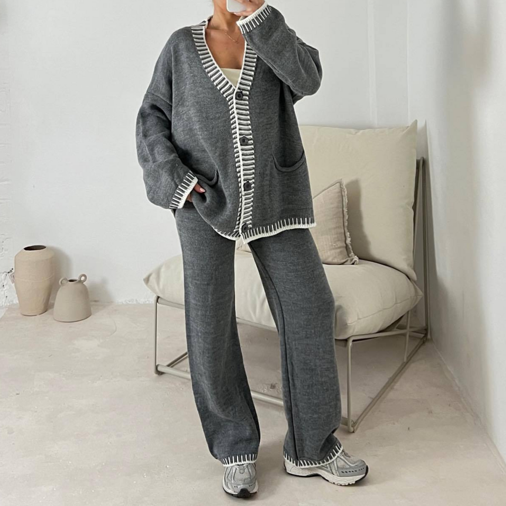 Casual Long Sleeve Pocket Cardigan and Elastic Waist Loose Wide Leg Pants Set