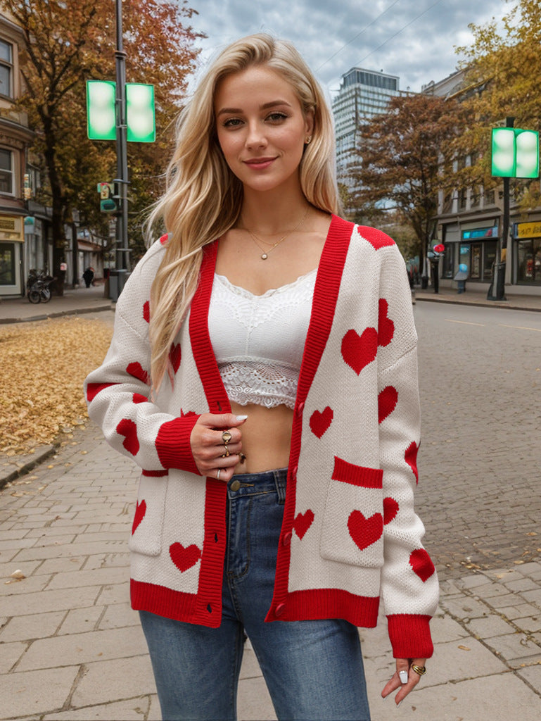 Heart Button Up Dropped Shoulder Long Sleeve Cardigan