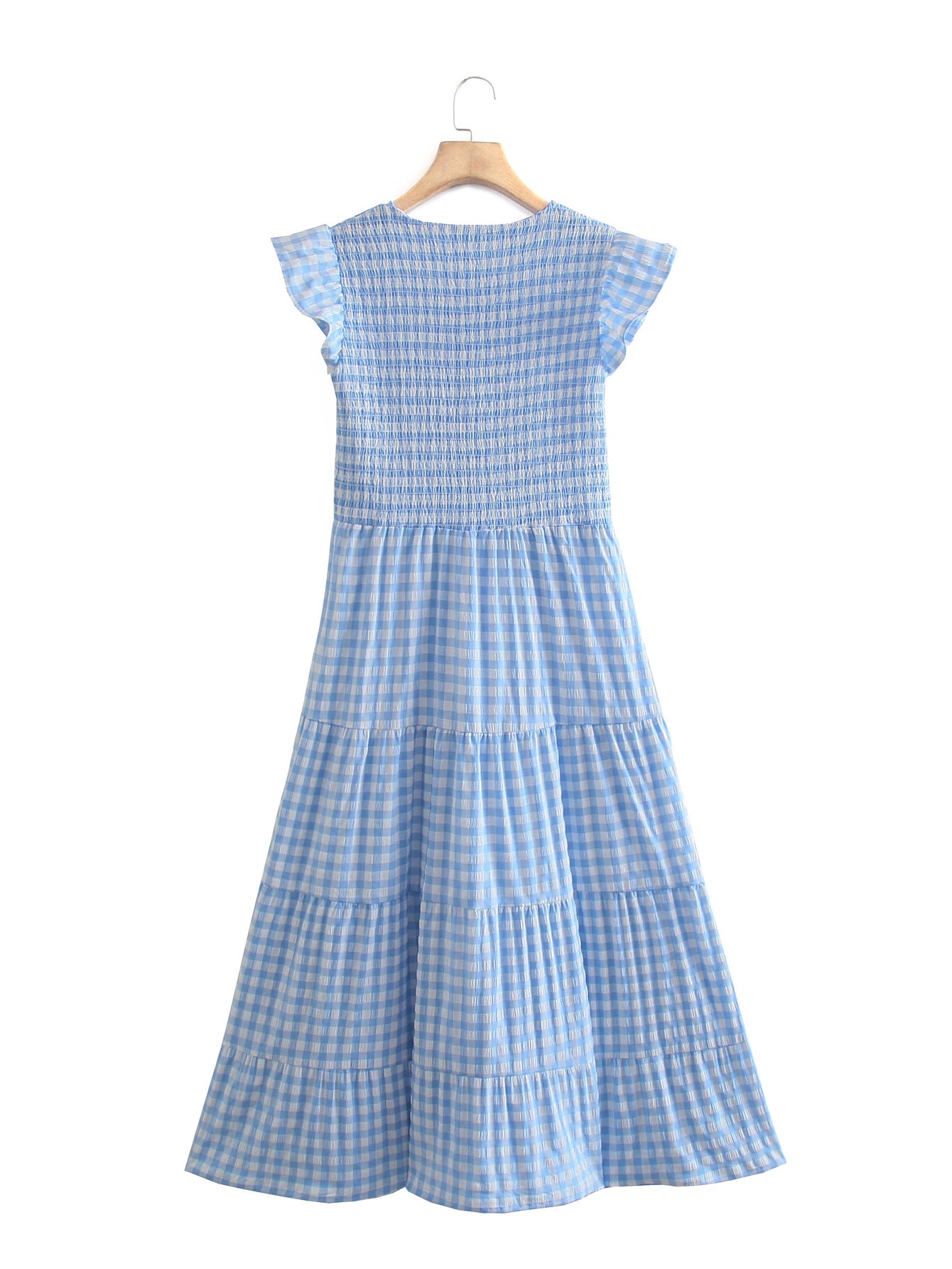 Blue Gingham Smocked Flutter Sleeves Tiered Midi Dress