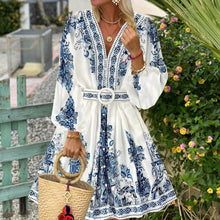 Load image into Gallery viewer, Elegant Printed Long Sleeves Belt Midi Dress
