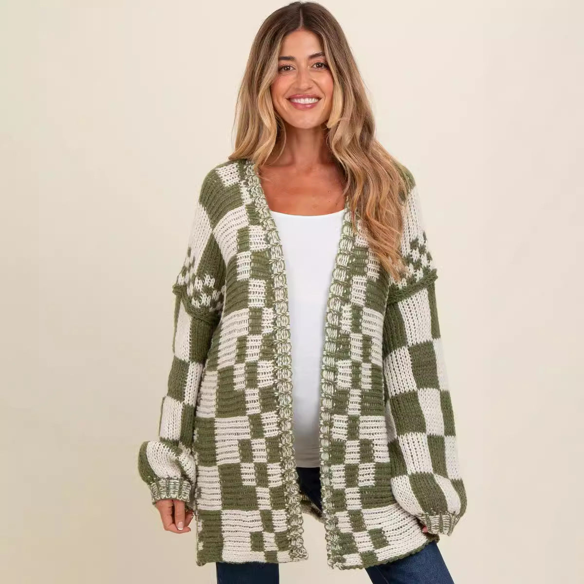 Casual Plaid Loose Knitted Outerwear Cardigan