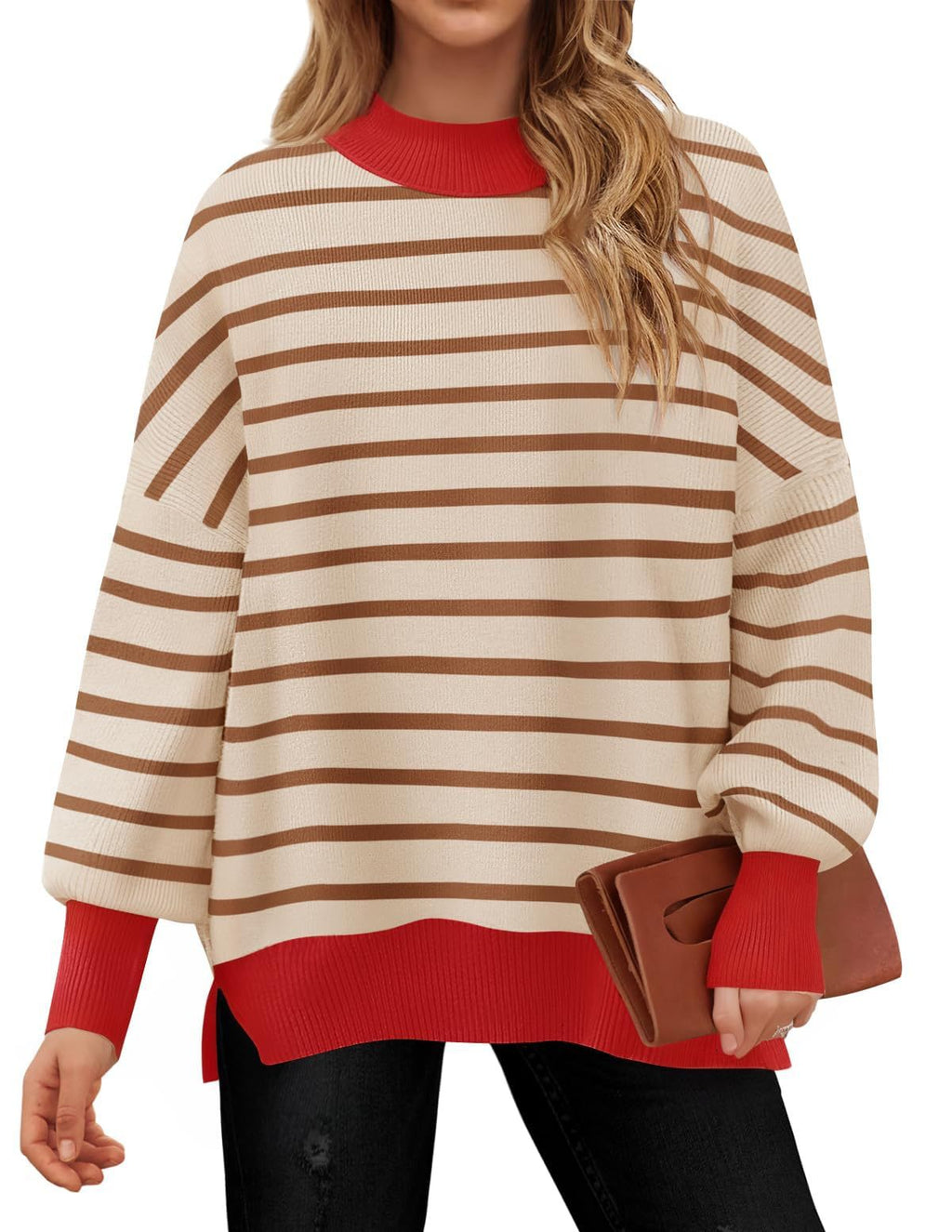 Oversized Crewneck Casual Long Sleeve Contrast Loose Knit Pullover Sweaters Top