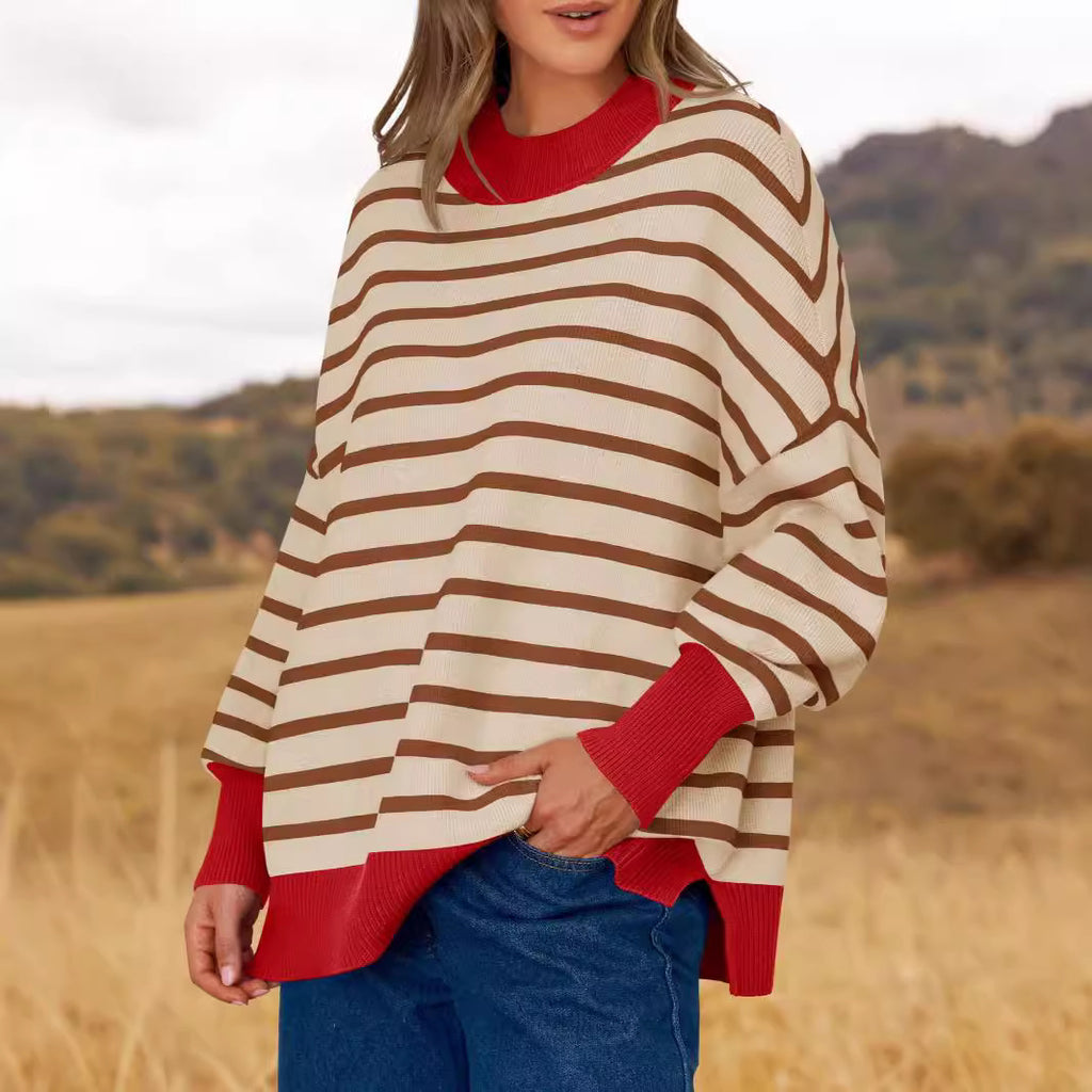 Oversized Crewneck Casual Long Sleeve Contrast Loose Knit Pullover Sweaters Top