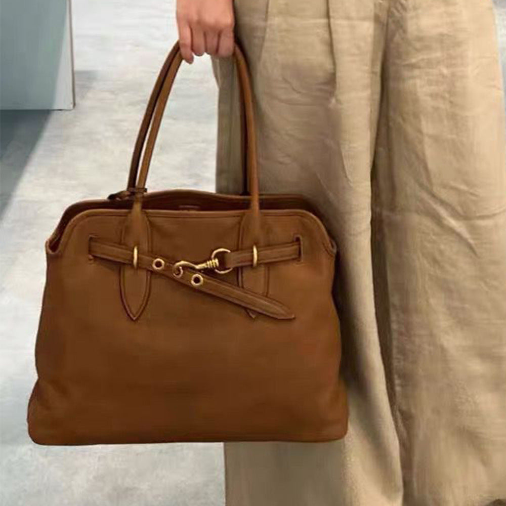 Top Grain Large Leather Tote Bag With Drawstring Buckle