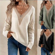 Load image into Gallery viewer, Long Sleeve V-neck Lace Patchwork Sweater
