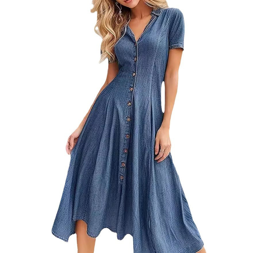 Casual Short-Sleeved Collar Buttons Down Midi Denim Dress