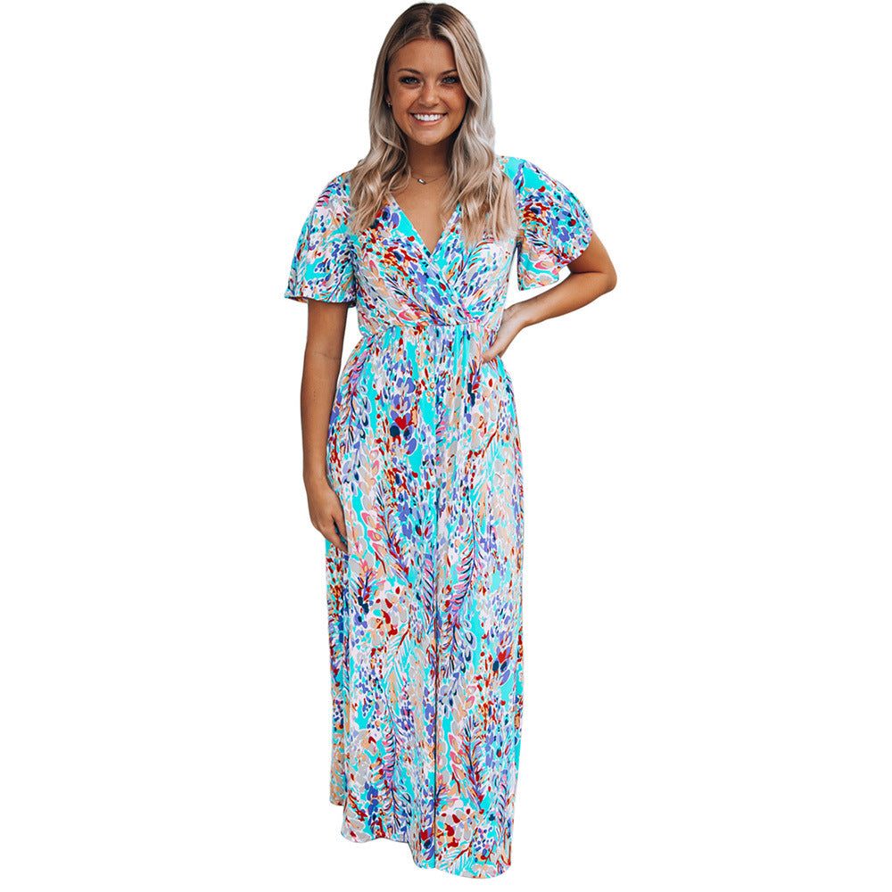 Wrap V Neck Floral Maxi Dress