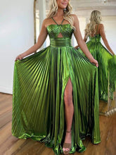 Load image into Gallery viewer, Metallic Fabric Cross Neck Cutout Slit Pleated Maxi Dress
