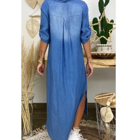 Washe Collar Maxi Denim Dress
