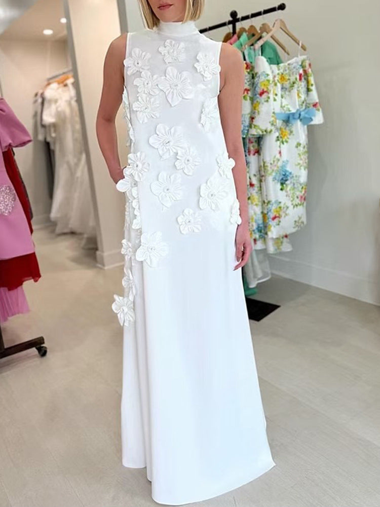 Elegant Sleeveless Mock Neck 3D Floral Maxi Dress