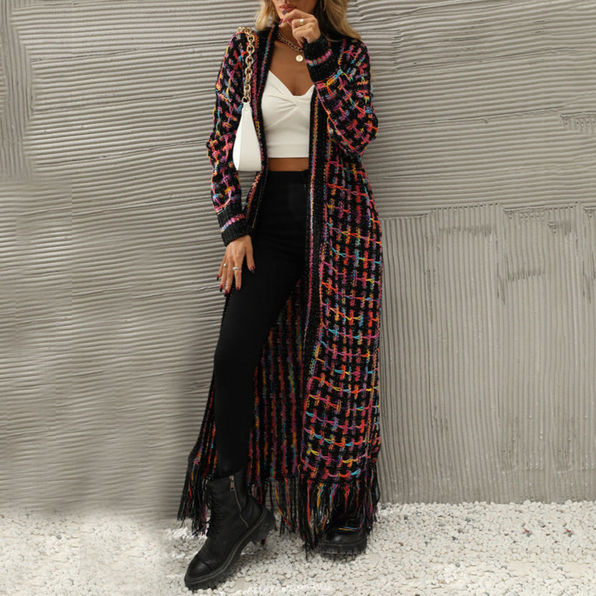 Color Block Fringed Long Cardigan Coat